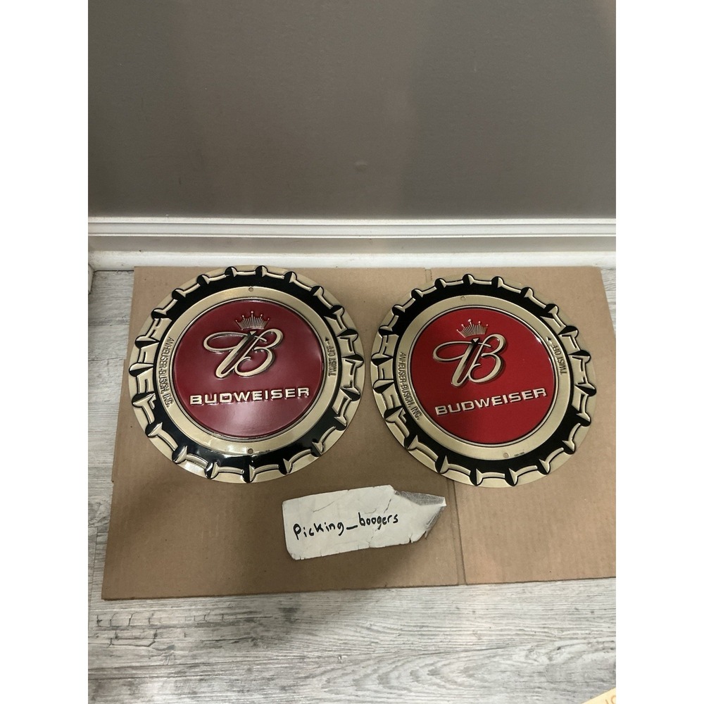 2 Budweiser Bottle Cap Tin Metal Sign Red Gold Breweriana Collectible Bar Decor